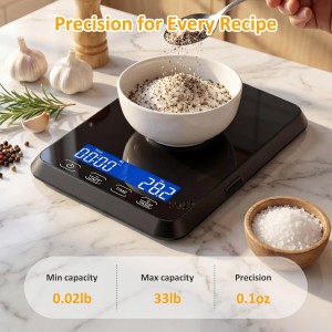 Food Scale with Timer, Max 33 lb / 0.1 oz Accuracy Kitchen Scale for Sourdough Bread, Built-in 7 Units, Timing & Tare Function, Rechargeable Digital Kitchen Scale for Food, Baking, Cooking