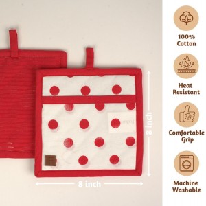 Folkulture Pot Holders for Kitchen | Pack of 2 (8x8) Ribbed Soft Silicone Hot Pads | 100% Cotton Red Cute Oven Pot Holders Set | Heat Resistant, Non Slip | Cooking Gifts, Polka Dot