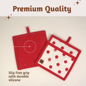Folkulture Pot Holders for Kitchen | Pack of 2 (8x8) Ribbed Soft Silicone Hot Pads | 100% Cotton Red Cute Oven Pot Holders Set | Heat Resistant, Non Slip | Cooking Gifts, Polka Dot