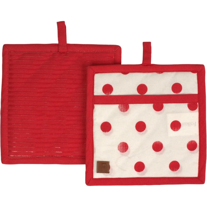 Folkulture Pot Holders for Kitchen | Pack of 2 (8x8) Ribbed Soft Silicone Hot Pads | 100% Cotton Red Cute Oven Pot Holders Set | Heat Resistant, Non Slip | Cooking Gifts, Polka Dot