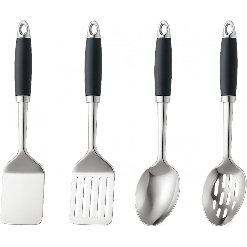 4 Pcs Stainless Steel Kitchen Utensils, Cooking Utensils Set, Includes Solid Spatula, Slotted Spatula, Cooking Spoon, Slotted Spoon, Suitable for various cooking needs