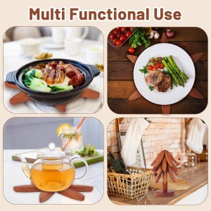 Natural Wood Tree Trivet Set, 4 Leaf Pattern Hot Pads with Decorative Storage Stand, Pot Holders as a Kitchen Gift, Wooden Trivets for hot Dishes,Pot, Pans, Bowl, Teapot, Coffee Pots