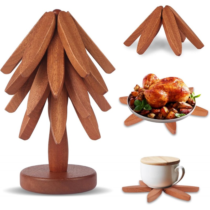 Natural Wood Tree Trivet Set, 4 Leaf Pattern Hot Pads with Decorative Storage Stand, Pot Holders as a Kitchen Gift, Wooden Trivets for hot Dishes,Pot, Pans, Bowl, Teapot, Coffee Pots