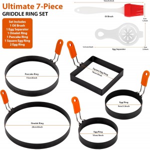 5pcs Egg Rings For Frying Eggs, Stainless Steel Crumpet Ring Mold Griddle Pancake Shapers with Silicone Handle,Includes Bonus Oil Brush and Egg Separator(4.72