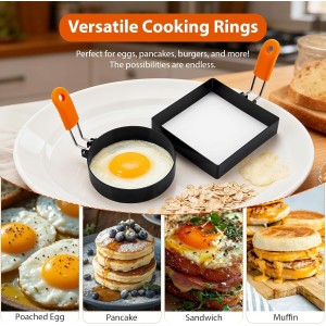 5pcs Egg Rings For Frying Eggs, Stainless Steel Crumpet Ring Mold Griddle Pancake Shapers with Silicone Handle,Includes Bonus Oil Brush and Egg Separator(4.72