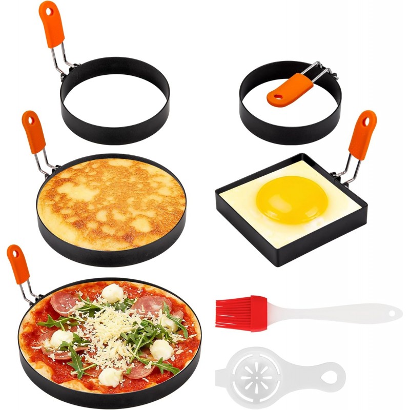5pcs Egg Rings For Frying Eggs, Stainless Steel Crumpet Ring Mold Griddle Pancake Shapers with Silicone Handle,Includes Bonus Oil Brush and Egg Separator(4.72