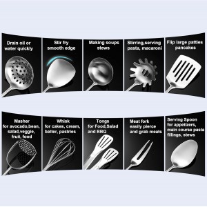 Stainless Steel Kitchen Utensils 12 Pcs, Small Cooking Utensils Set,Spatulas,Ladle,Skimmer,Tunners,Serving Spoon,Spaghetti Spoon,Fork,Potato Masher,Egg Whisk,Tongs,Dishwasher Safe