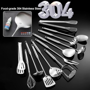 Stainless Steel Kitchen Utensils 12 Pcs, Small Cooking Utensils Set,Spatulas,Ladle,Skimmer,Tunners,Serving Spoon,Spaghetti Spoon,Fork,Potato Masher,Egg Whisk,Tongs,Dishwasher Safe