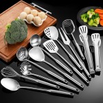 Stainless Steel Kitchen Utensils 12 Pcs, Small Cooking Utensils Set,Spatulas,Ladle,Skimmer,Tunners,Serving Spoon,Spaghetti Spoon,Fork,Potato Masher,Egg Whisk,Tongs,Dishwasher Safe