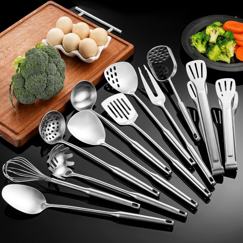 Stainless Steel Kitchen Utensils 12 Pcs, Small Cooking Utensils Set,Spatulas,Ladle,Skimmer,Tunners,Serving Spoon,Spaghetti Spoon,Fork,Potato Masher,Egg Whisk,Tongs,Dishwasher Safe