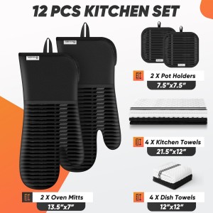 Oven Mitts Kitchen Towels and Dishcloths with Pot Holders Sets, Oven Gloves Hot Pads 500°F Heat Resistant with Silicone Grip, Include 2 Cooking Gloves/2 Potholders/4 Kitchen Towels/4 Dish Towels