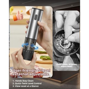 Electric Salt and Pepper Grinder Set, USB Rechargeable Salt and Pepper Shaker with LED Light, Stainless Steel Adjustable Automatic Pepper Mill for Kitchen, Dining