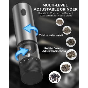 Electric Salt and Pepper Grinder Set, USB Rechargeable Salt and Pepper Shaker with LED Light, Stainless Steel Adjustable Automatic Pepper Mill for Kitchen, Dining