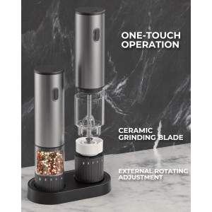 Electric Salt and Pepper Grinder Set, USB Rechargeable Salt and Pepper Shaker with LED Light, Stainless Steel Adjustable Automatic Pepper Mill for Kitchen, Dining