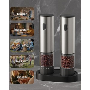 Electric Salt and Pepper Grinder Set, USB Rechargeable Salt and Pepper Shaker with LED Light, Stainless Steel Adjustable Automatic Pepper Mill for Kitchen, Dining