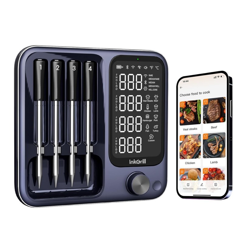 Wireless Meat Thermometer with APP Control，4 Probes Meat Thermometer Digital, Unlimited Range WiFi & Bluetooth Meat Thermometerfor for Rotisserie，Grill，Oven，Smoker，BBQ, Air Fryer