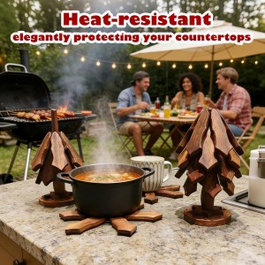 Walnut Tree Trivet Set - 4 Pcs with Storage Stand, Foldable Heat Resistant Hot Pad, Tree & Snowflake Design for Kitchen, Outdoor BBQ, Easter