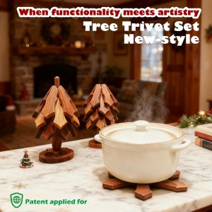 Walnut Tree Trivet Set - 4 Pcs with Storage Stand, Foldable Heat Resistant Hot Pad, Tree & Snowflake Design for Kitchen, Outdoor BBQ, Easter