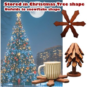 Walnut Tree Trivet Set - 4 Pcs with Storage Stand, Foldable Heat Resistant Hot Pad, Tree & Snowflake Design for Kitchen, Outdoor BBQ, Easter