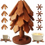 Walnut Tree Trivet Set - 4 Pcs with Storage Stand, Foldable Heat Resistant Hot Pad, Tree & Snowflake Design for Kitchen, Outdoor BBQ, Easter