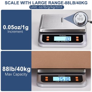 Atogou 88lb Commercial Digital Kitchen Scale 40kg/1g, with 6 Units Conversion, Stainless Steel, LCD Display, AA Battery or Plug-in Use for Baking, Bread, Cooking, Meat LC200 Grey