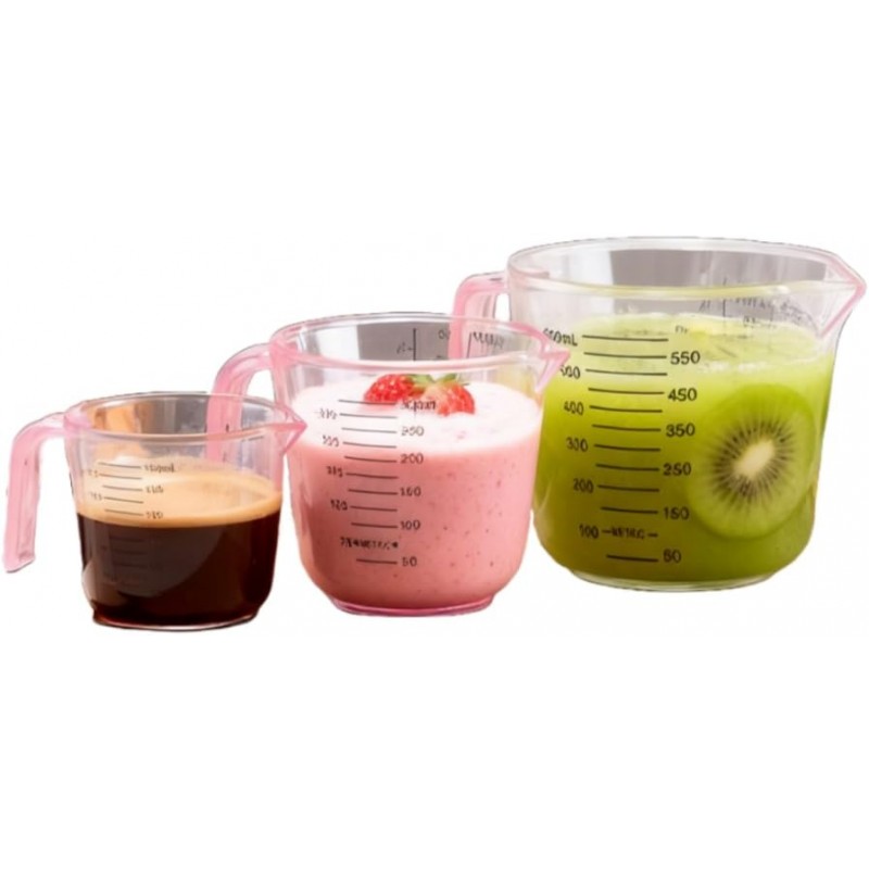 Pink Measuring Cups Set - 3pc 150ml/300ml/600ml，Liquid Measuring Cups for Baking & Cooking with Multiple Scales, with Handle and Triangle Mouth，Cute Pink Kitchen Accessories
