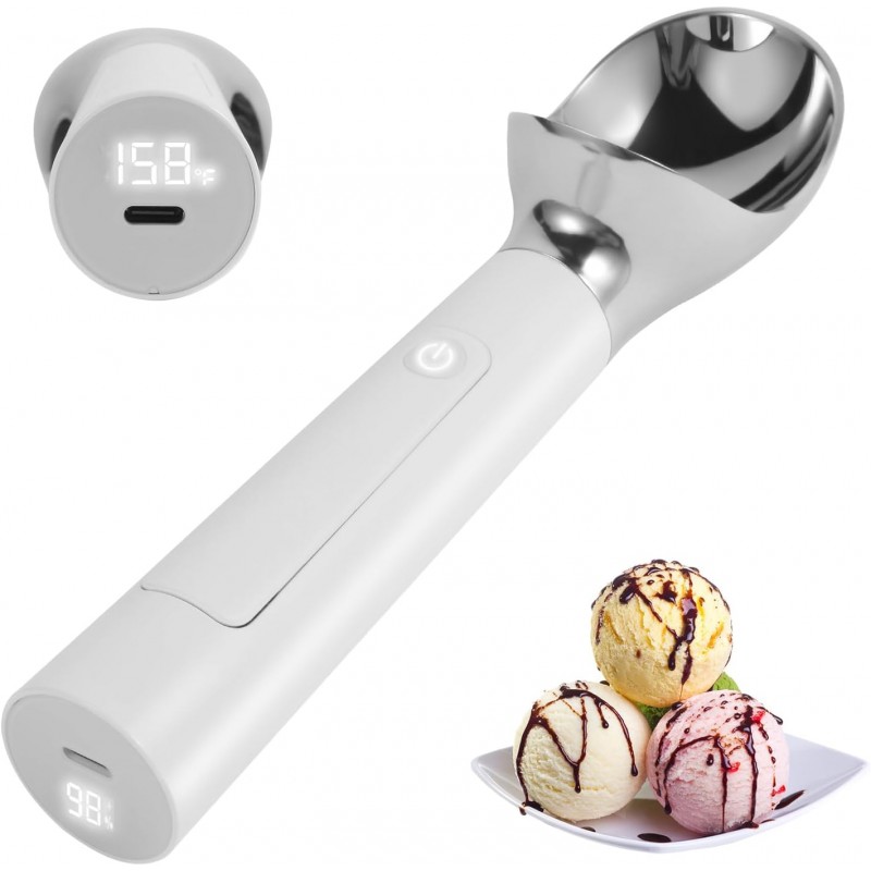 Heated Ice Cream Scoop Rechargeable, 158℉Electric Ice Cream Scooper, IP67 Waterproof Icecream Scoop with LED Display for Hard Ice Cream, Gelato & Party Desserts