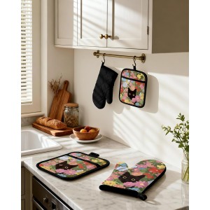 Cotton Oven Mitts and Pot Holders Sets - Quilted Lining Heat Resistant 4 Pieces Set with Hanging Loop Cute Farmhouse Boho Spring Kitchen Decor and Accessories, Cat Flower