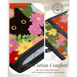 Cotton Oven Mitts and Pot Holders Sets - Quilted Lining Heat Resistant 4 Pieces Set with Hanging Loop Cute Farmhouse Boho Spring Kitchen Decor and Accessories, Cat Flower