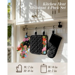 Cotton Oven Mitts and Pot Holders Sets - Quilted Lining Heat Resistant 4 Pieces Set with Hanging Loop Cute Farmhouse Boho Spring Kitchen Decor and Accessories, Cat Flower