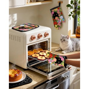 Cotton Oven Mitts and Pot Holders Sets - Quilted Lining Heat Resistant 4 Pieces Set with Hanging Loop Cute Farmhouse Boho Spring Kitchen Decor and Accessories, Cat Flower