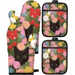 Cotton Oven Mitts and Pot Holders Sets - Quilted Lining Heat Resistant 4 Pieces Set with Hanging Loop Cute Farmhouse Boho Spring Kitchen Decor and Accessories, Cat Flower