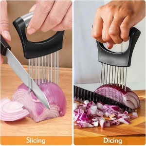 Onion Holder for Slicing, Stainless Steel Onion Slicer, Onions Slicer Holder with Protective Cover, Multi-Use Vegetable Chopper for Onions Tomatoes Avocados Potato Eggs Kiwifruit Meat Lemon
