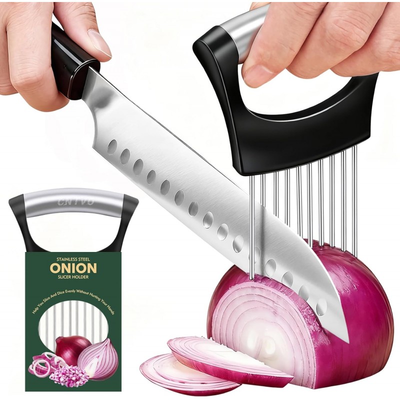 Onion Holder for Slicing, Stainless Steel Onion Slicer, Onions Slicer Holder with Protective Cover, Multi-Use Vegetable Chopper for Onions Tomatoes Avocados Potato Eggs Kiwifruit Meat Lemon