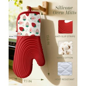Slohif Long Silicone Oven Mitts Heat Resistant for Women - 2 Pcs Strawberry 100% Cotton Oven Gloves, Non-Slip and Waterproof Silicone Oven Mitts with Hanger for Baking and Cooking