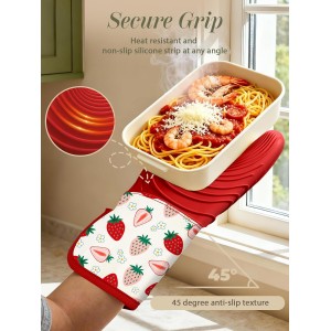 Slohif Long Silicone Oven Mitts Heat Resistant for Women - 2 Pcs Strawberry 100% Cotton Oven Gloves, Non-Slip and Waterproof Silicone Oven Mitts with Hanger for Baking and Cooking