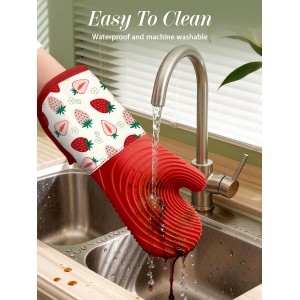 Slohif Long Silicone Oven Mitts Heat Resistant for Women - 2 Pcs Strawberry 100% Cotton Oven Gloves, Non-Slip and Waterproof Silicone Oven Mitts with Hanger for Baking and Cooking