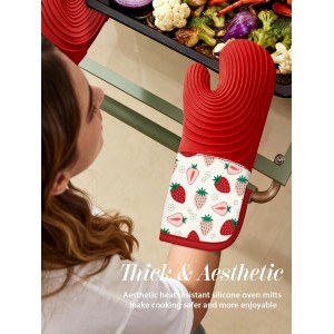 Slohif Long Silicone Oven Mitts Heat Resistant for Women - 2 Pcs Strawberry 100% Cotton Oven Gloves, Non-Slip and Waterproof Silicone Oven Mitts with Hanger for Baking and Cooking