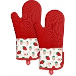 Slohif Long Silicone Oven Mitts Heat Resistant for Women - 2 Pcs Strawberry 100% Cotton Oven Gloves, Non-Slip and Waterproof Silicone Oven Mitts with Hanger for Baking and Cooking