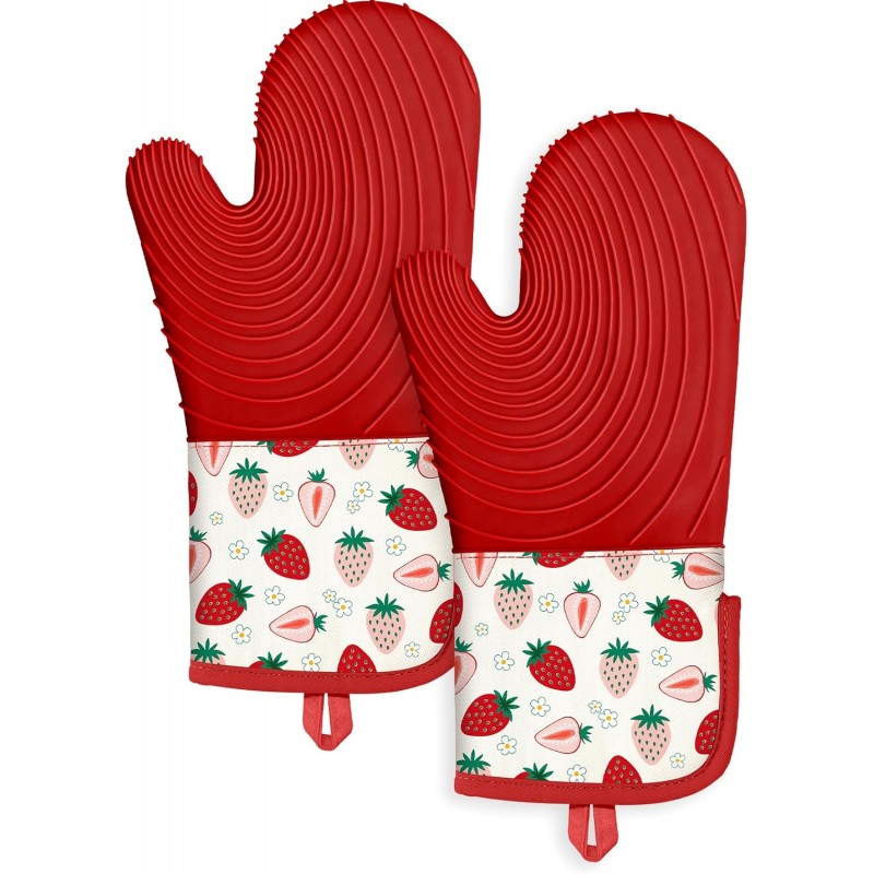 Slohif Long Silicone Oven Mitts Heat Resistant for Women - 2 Pcs Strawberry 100% Cotton Oven Gloves, Non-Slip and Waterproof Silicone Oven Mitts with Hanger for Baking and Cooking