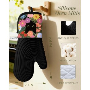 Slohif Long Silicone Oven Mitts Heat Resistant for Women - 2 Pcs Black Cat 100% Cotton Oven Gloves, Non-Slip and Waterproof Silicone Oven Mitts with Hanger for Baking and Cooking