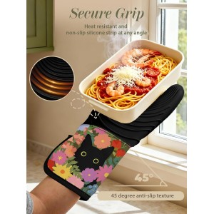 Slohif Long Silicone Oven Mitts Heat Resistant for Women - 2 Pcs Black Cat 100% Cotton Oven Gloves, Non-Slip and Waterproof Silicone Oven Mitts with Hanger for Baking and Cooking