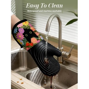 Slohif Long Silicone Oven Mitts Heat Resistant for Women - 2 Pcs Black Cat 100% Cotton Oven Gloves, Non-Slip and Waterproof Silicone Oven Mitts with Hanger for Baking and Cooking
