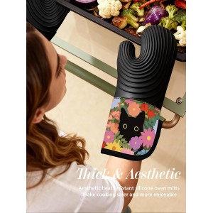 Slohif Long Silicone Oven Mitts Heat Resistant for Women - 2 Pcs Black Cat 100% Cotton Oven Gloves, Non-Slip and Waterproof Silicone Oven Mitts with Hanger for Baking and Cooking