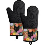 Slohif Long Silicone Oven Mitts Heat Resistant for Women - 2 Pcs Black Cat 100% Cotton Oven Gloves, Non-Slip and Waterproof Silicone Oven Mitts with Hanger for Baking and Cooking