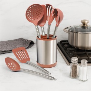 Glad Kitchen Utensils Set, 8pcs - Nonstick Cooking Tools with Stainless Steel Handles & Rotating Utensil Holder - Turners, Ladle, Spoon, Tongs, Spaghetti Server, and Skimmer - Dishwasher Safe, Rust
