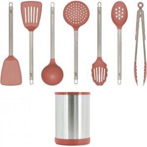 Glad Kitchen Utensils Set, 8pcs - Nonstick Cooking Tools with Stainless Steel Handles & Rotating Utensil Holder - Turners, Ladle, Spoon, Tongs, Spaghetti Server, and Skimmer - Dishwasher Safe, Rust