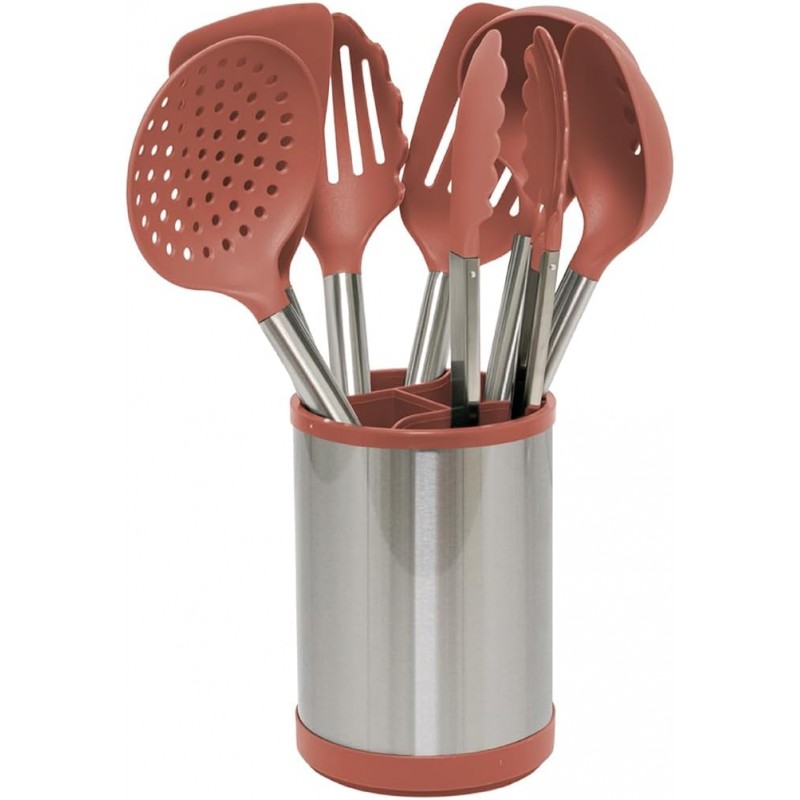 Glad Kitchen Utensils Set, 8pcs - Nonstick Cooking Tools with Stainless Steel Handles & Rotating Utensil Holder - Turners, Ladle, Spoon, Tongs, Spaghetti Server, and Skimmer - Dishwasher Safe, Rust