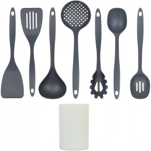 Glad Kitchen Utensils Set, 8pcs - Nonstick Cooking Tools with Utensil Holder - Nylon Spoon, Ladle, Skimmer, Spaghetti Server, and Turner Spatula Set - Dishwasher Safe, Grey