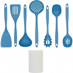 Glad Kitchen Utensils Set, 8pcs - Nonstick Cooking Tools with Utensil Holder - Nylon Spoon, Ladle, Skimmer, Spaghetti Server, and Turner Spatula Set - Dishwasher Safe, Blue